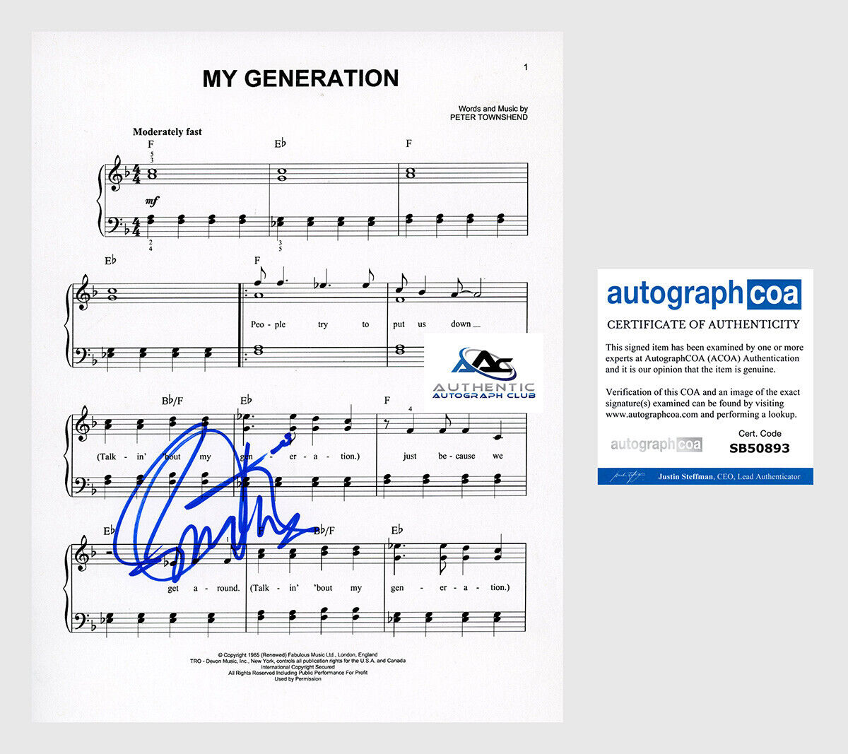 ROGER DALTREY AUTOGRAPH SIGNED SHEET MUSIC THE WHO ACOA