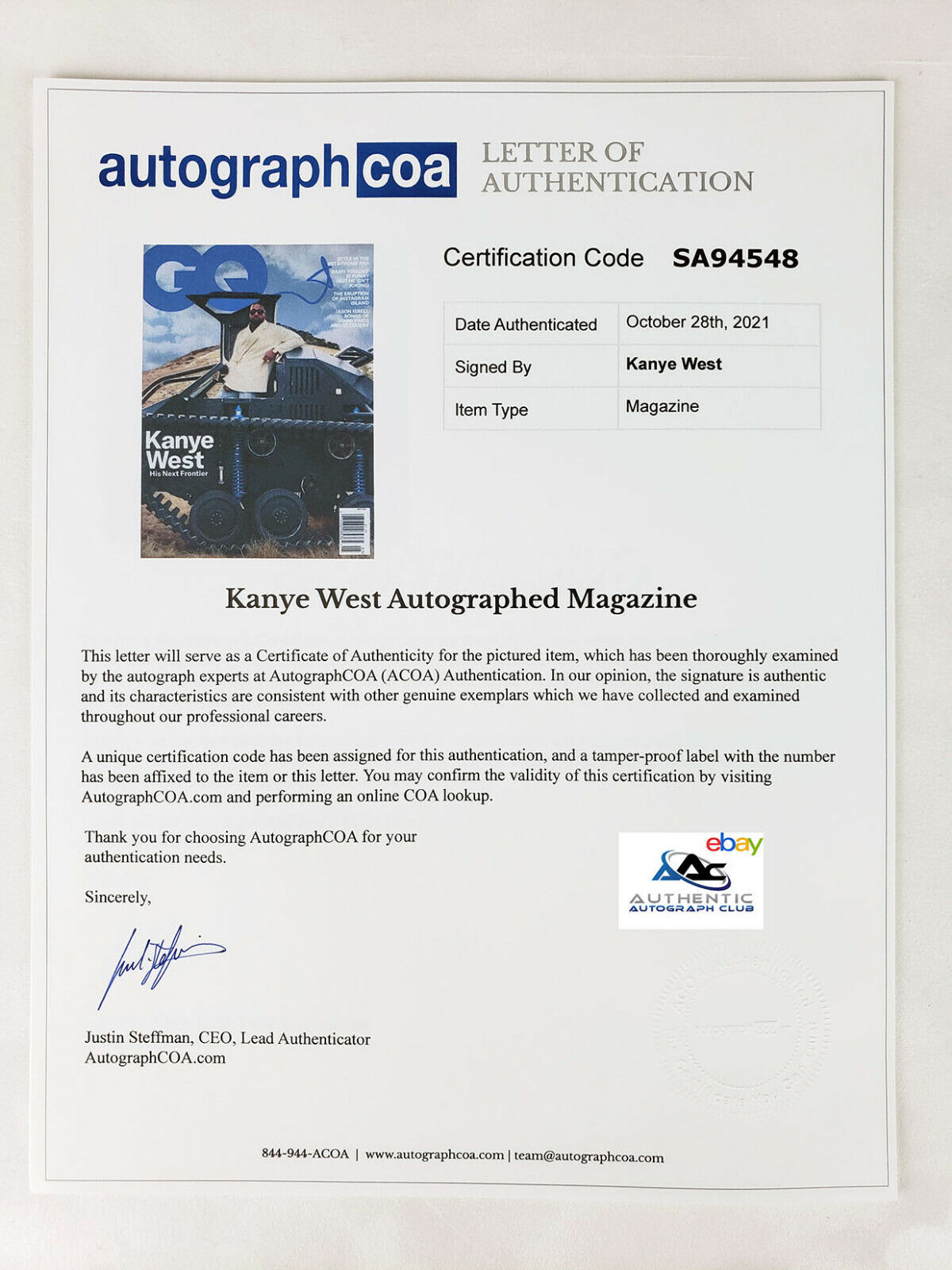 KANYE WEST AUTOGRAPH SIGNED GQ MAGAZINE ACOA COA