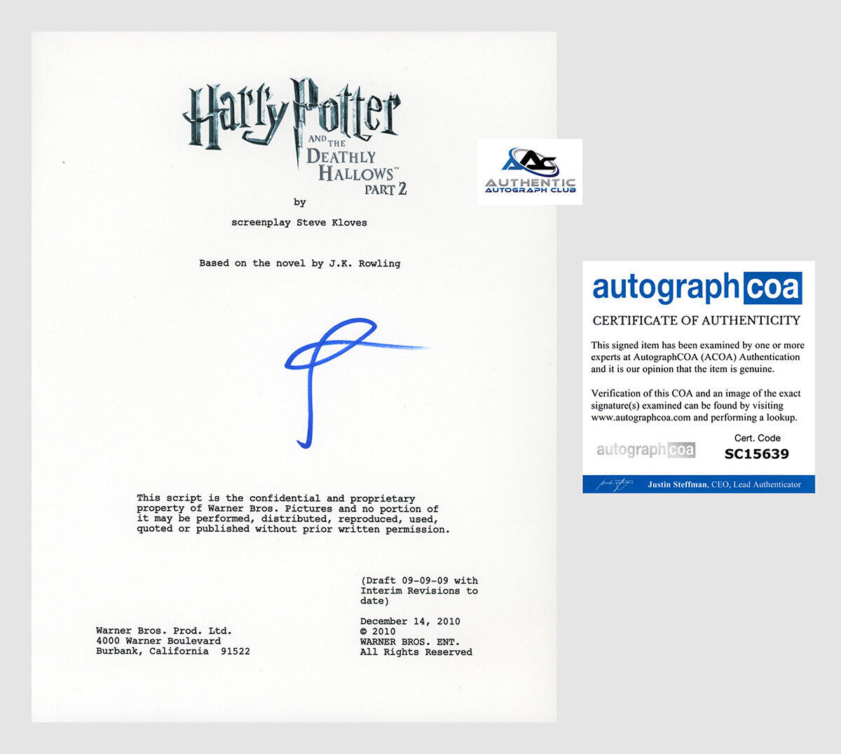 RUPERT GRINT AUTOGRAPH SIGNED HARRY POTTER DEATHLY HALLOWS FULL SCRIPT ACOA