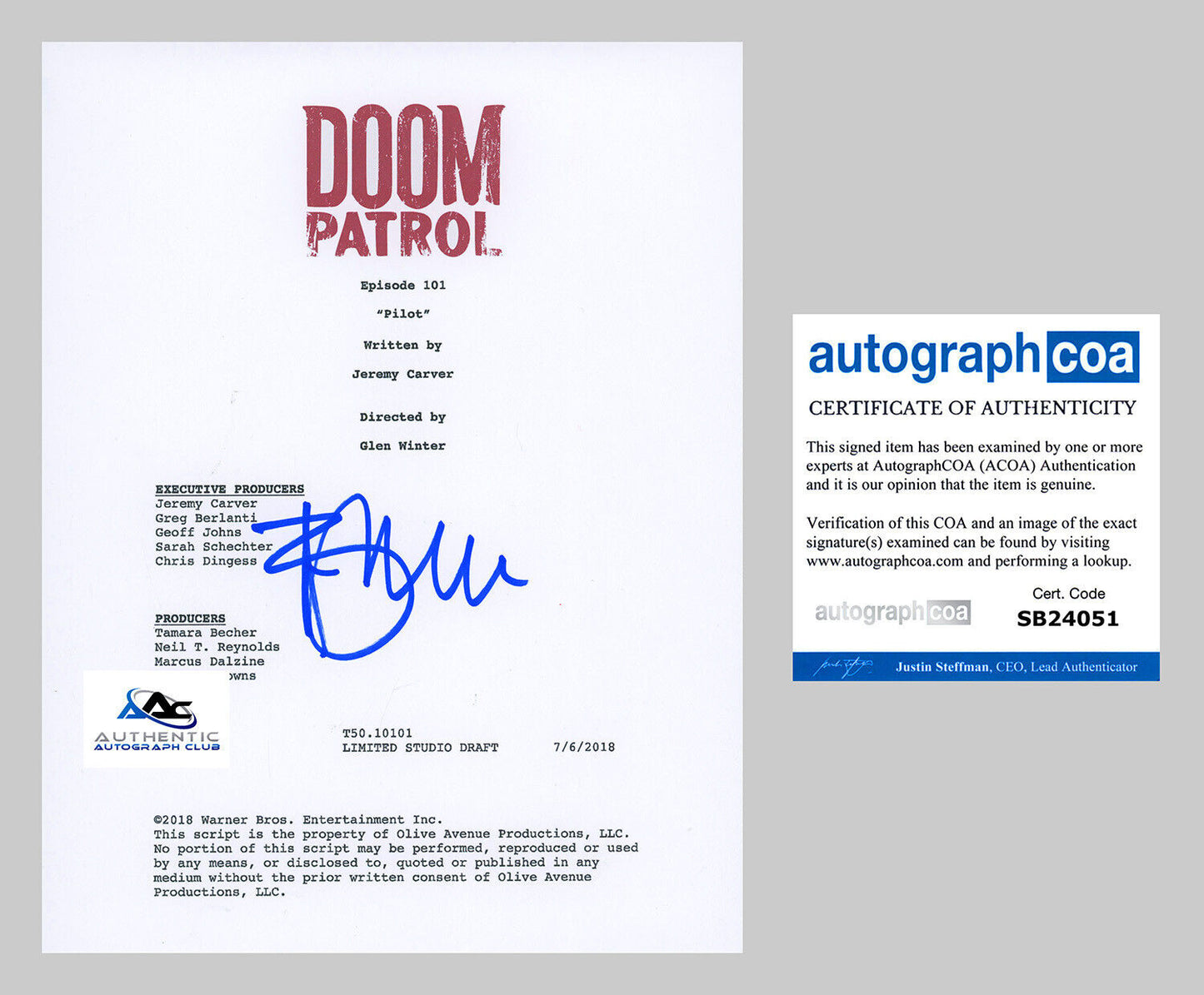 BRENDAN FRASER AUTOGRAPH SIGNED DOOM PATROL SCRIPT ACOA