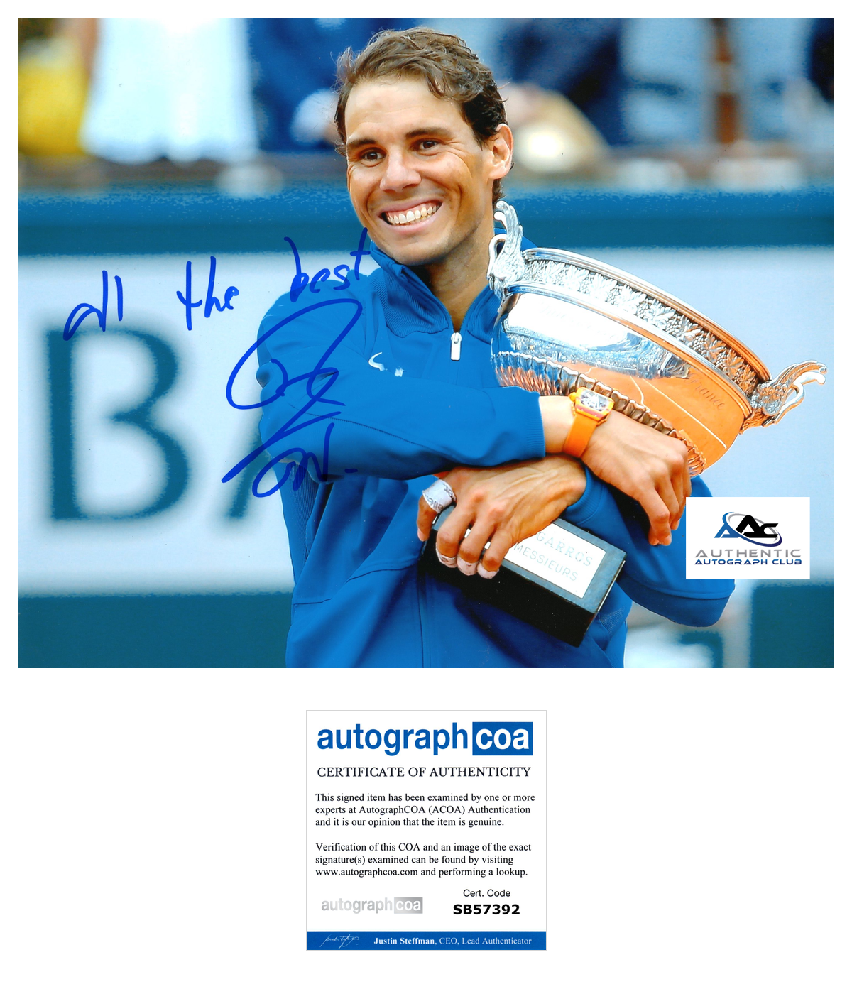 RAFAEL NADAL AUTOGRAPH SIGNED 8x10 PHOTO TENNIS US OPEN FRENCH OPEN ACOA