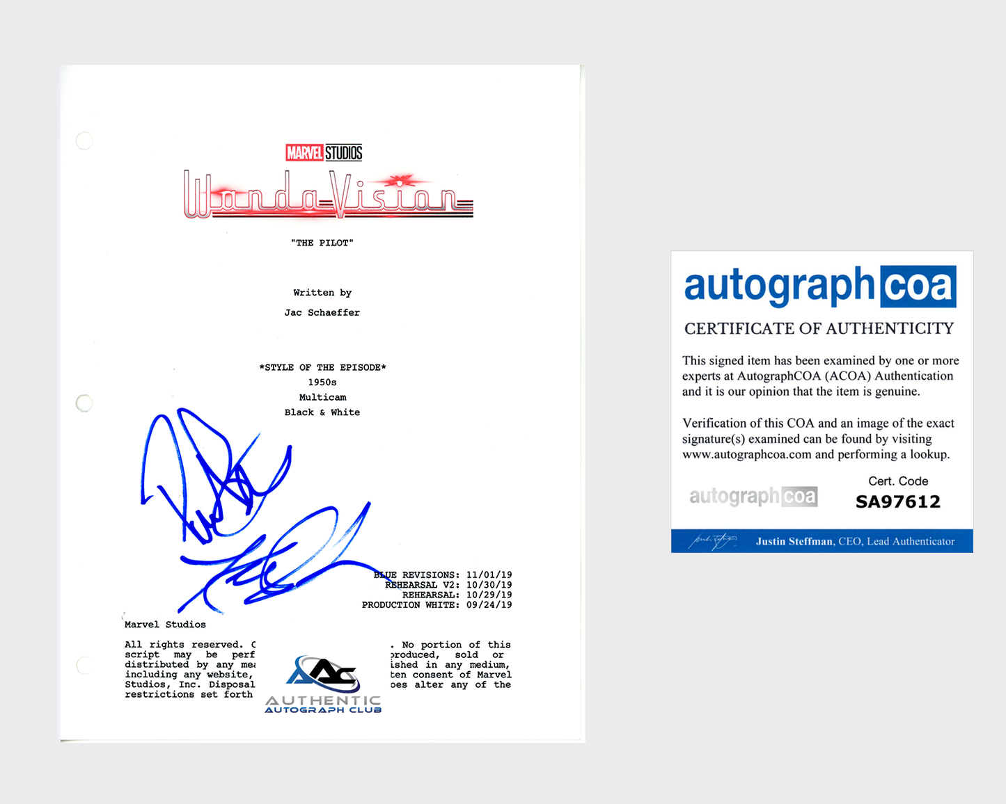 KATHRYN HAHN AND PAUL BETTANY AUTOGRAPH SIGNED WANDAVISION MARVEL SCRIPT ACOA