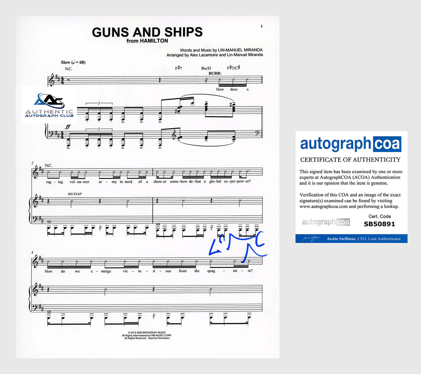 LIN MANUEL MIRANDA AUTOGRAPH SIGNED GUNS AND SHIPS SHEET MUSIC ACOA