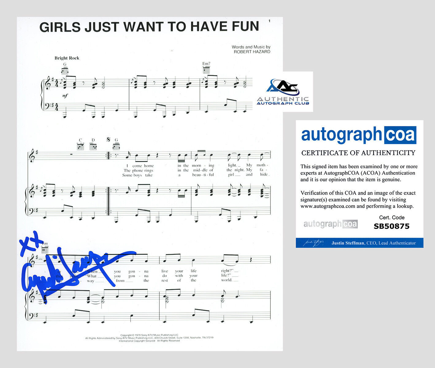 CYNDI LAUPER AUTOGRAPH SIGNED GIRLS JUST WANT TO HAVE FUN SHEET MUSIC ACOA