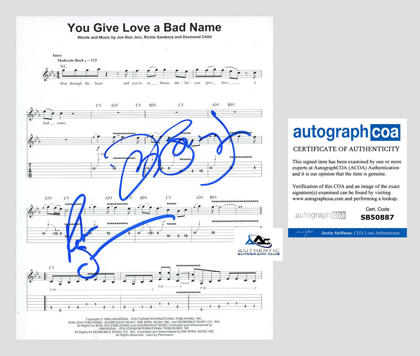 RICHIE SAMBORA AND JON BON JOVI AUTOGRAPH SIGNED YOU GIVE LOVE SHEET MUSIC ACOA