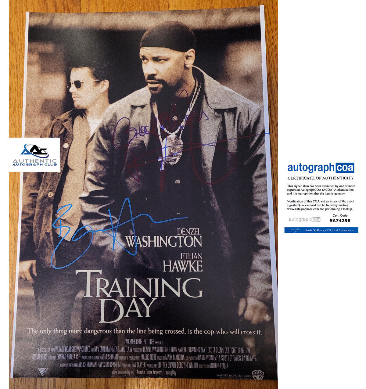 ETHAN HAWKE AND DENZEL WASHINGTON AUTOGRAPH SIGNED 12X18 PHOTO TRAINING DAY ACOA