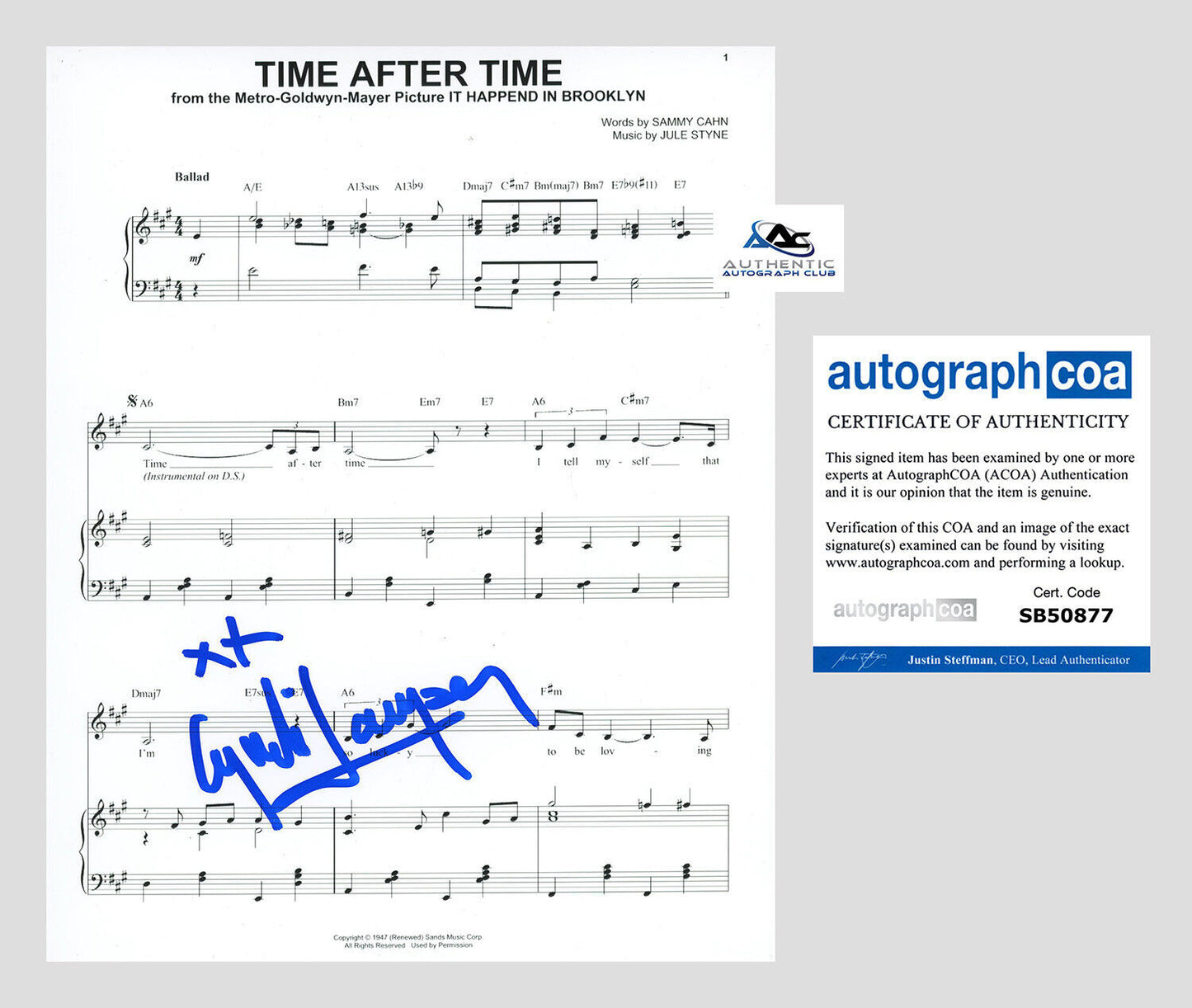 CYNDI LAUPER AUTOGRAPH SIGNED TIME AFTER TIME SHEET MUSIC ACOA