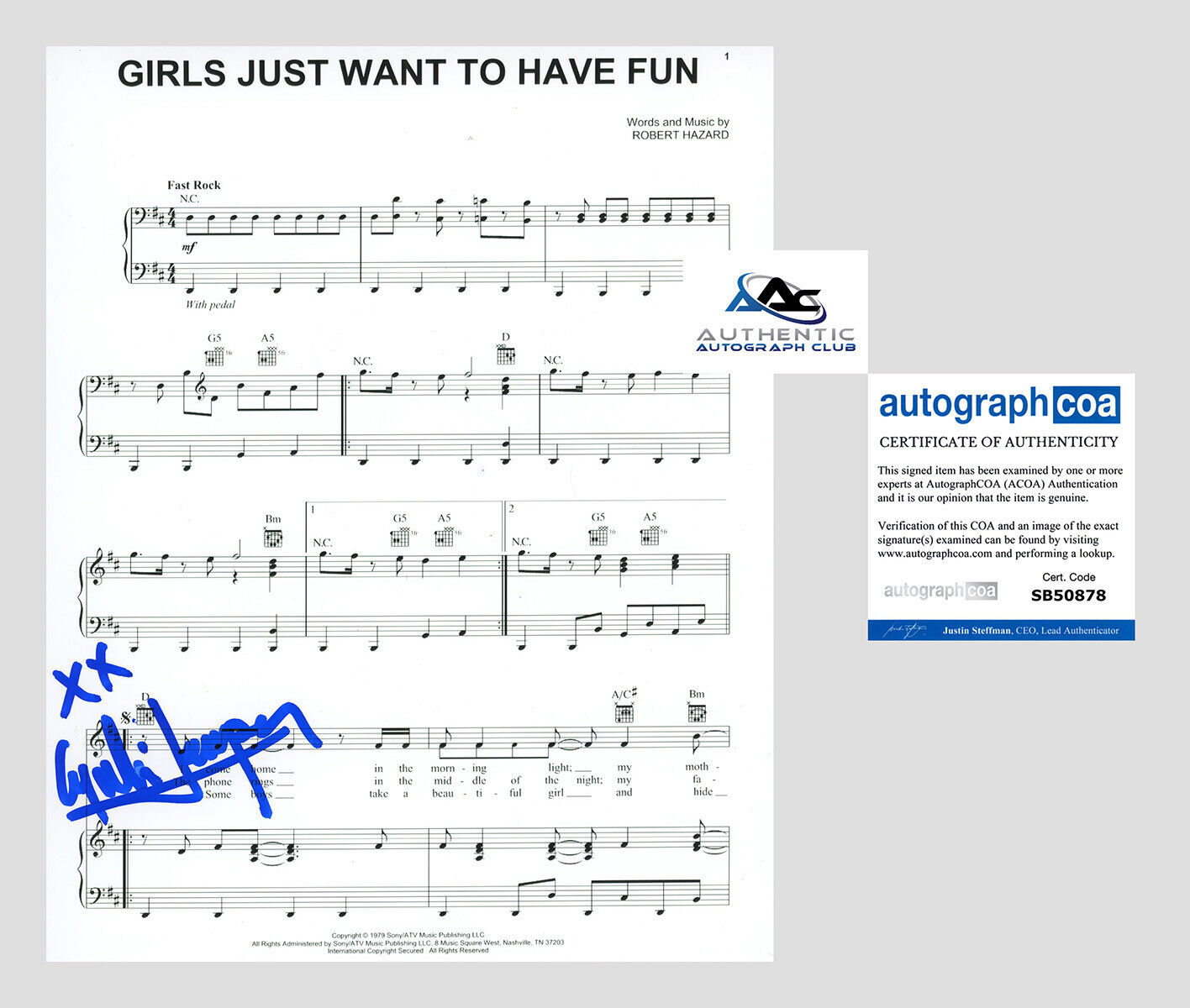 CYNDI LAUPER AUTOGRAPH SIGNED GIRLS JUST WANT TO HAVE FUN SHEET MUSIC ACOA