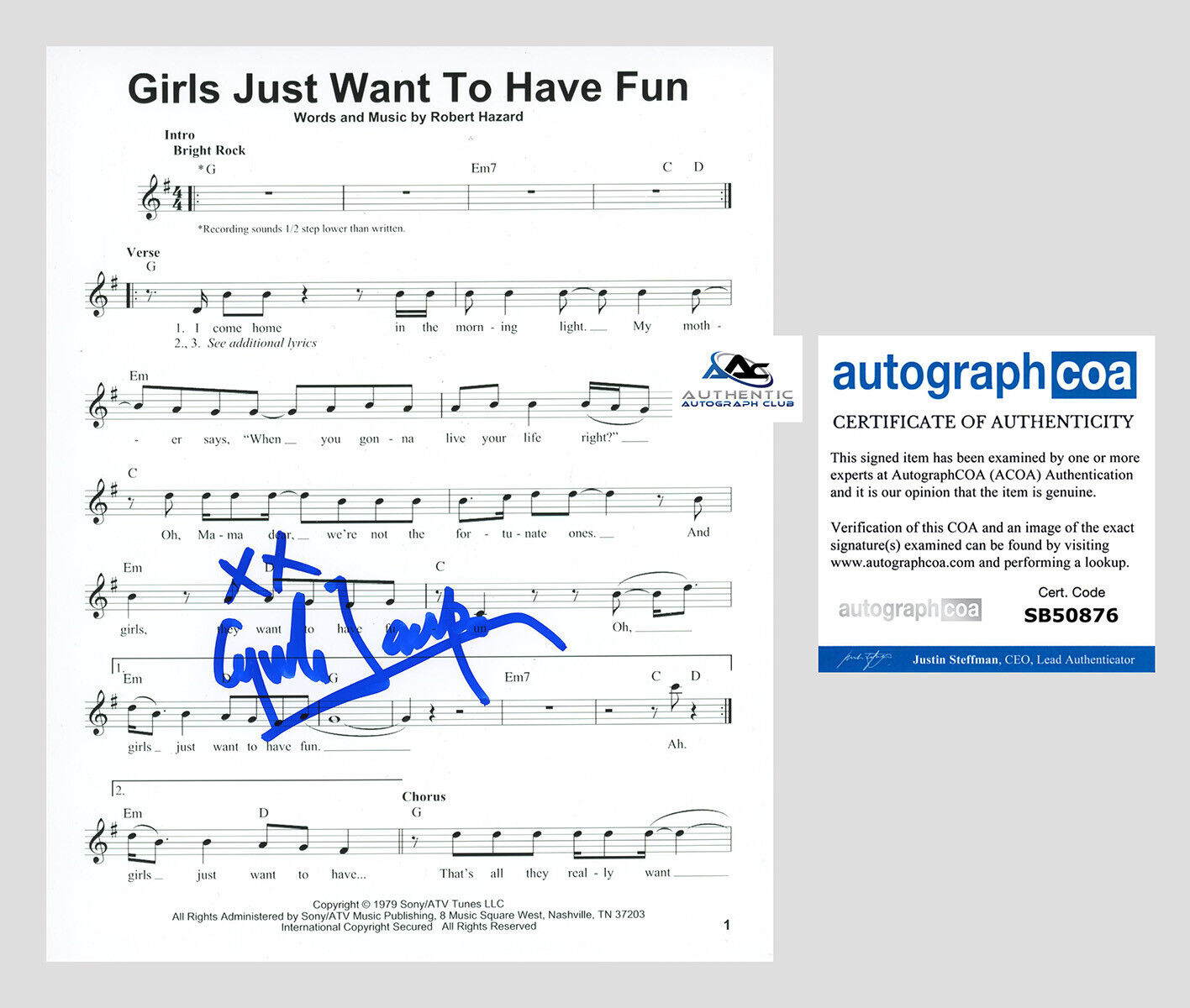 CYNDI LAUPER AUTOGRAPH SIGNED GIRLS JUST WANT TO HAVE FUN SHEET MUSIC ACOA