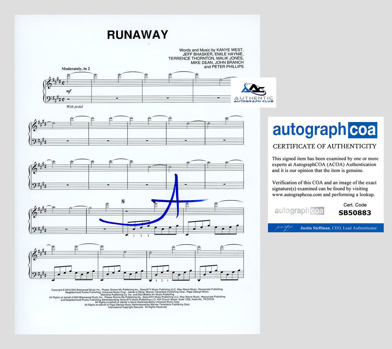 KANYE WEST AUTOGRAPH SIGNED RUNAWAY SHEET MUSIC ACOA