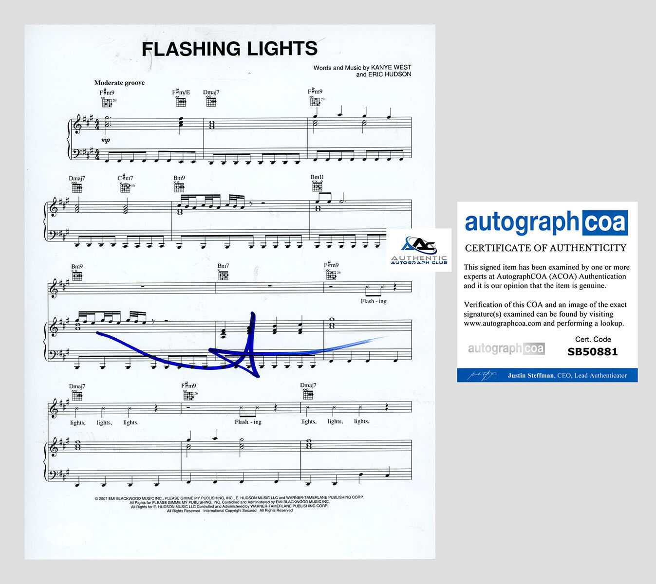 KANYE WEST AUTOGRAPH SIGNED FLASHING LIGHTS SHEET MUSIC ACOA