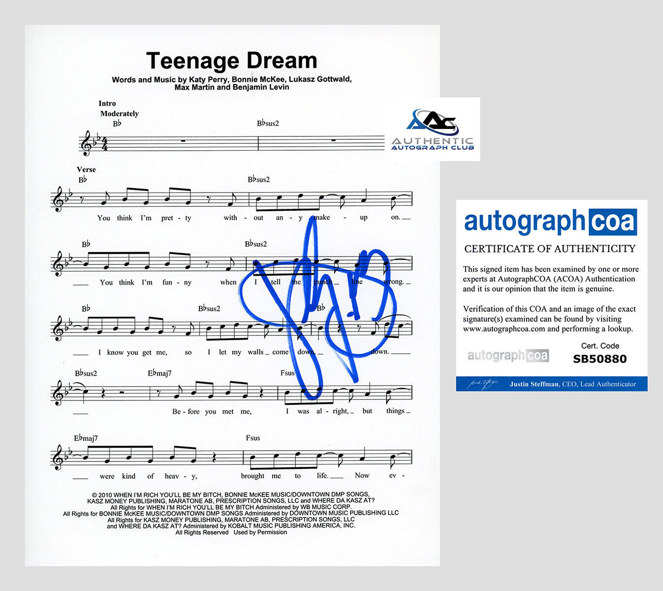 KATY PERRY AUTOGRAPH SIGNED TEENAGE DREAM SHEET MUSIC ACOA