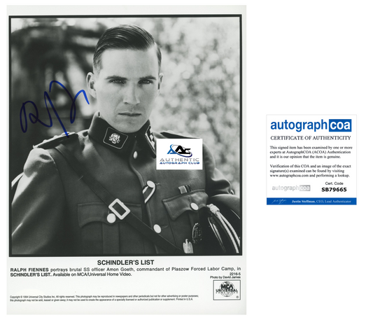 RALPH FIENNES AUTOGRAPH SIGNED 8X10 PHOTO SCHINDLER'S LIST ACOA