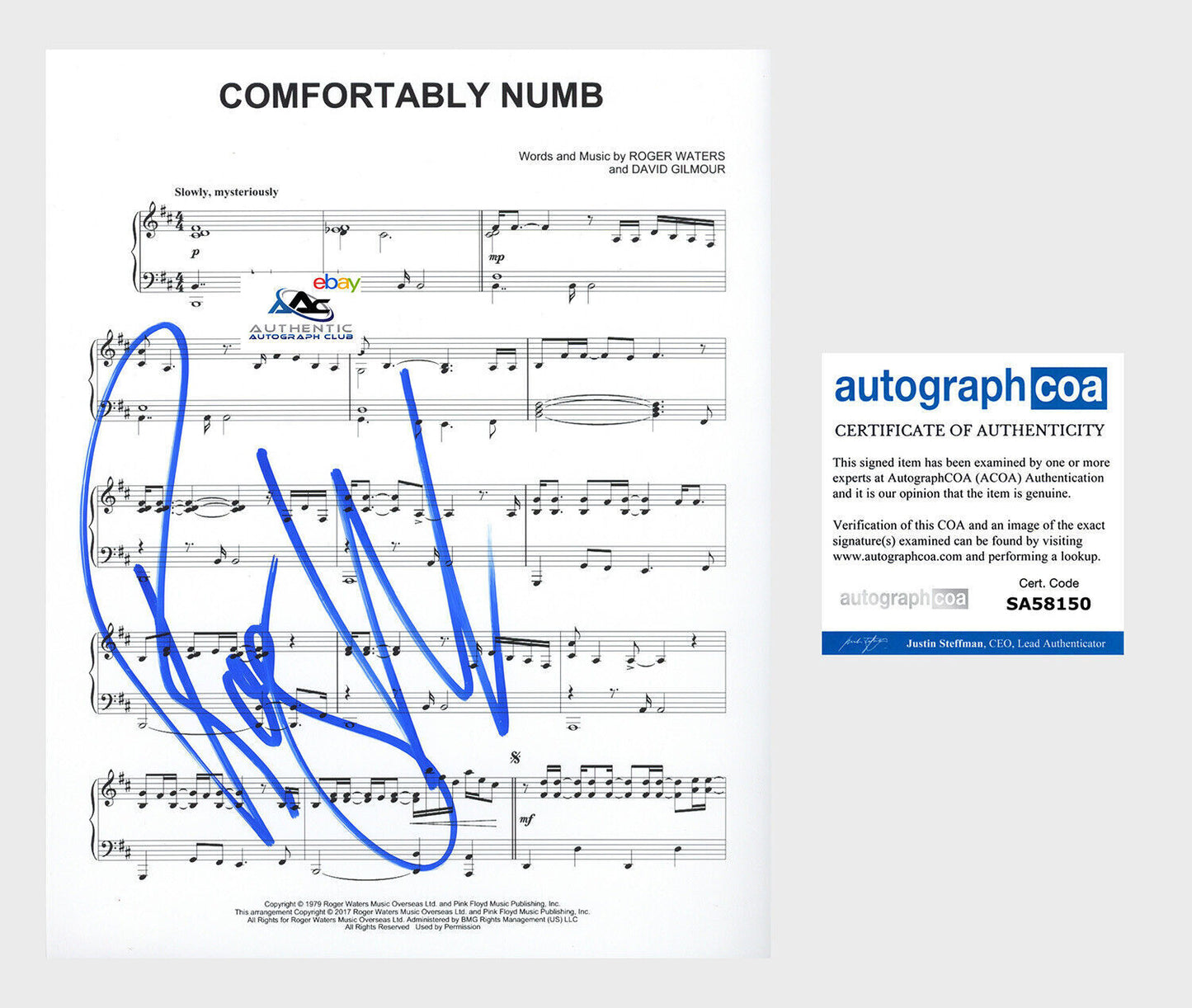 ROGER WATERS AUTOGRAPH SIGNED SHEET MUSIC PINK FLOYD COMFORTABLY NUMB ACOA