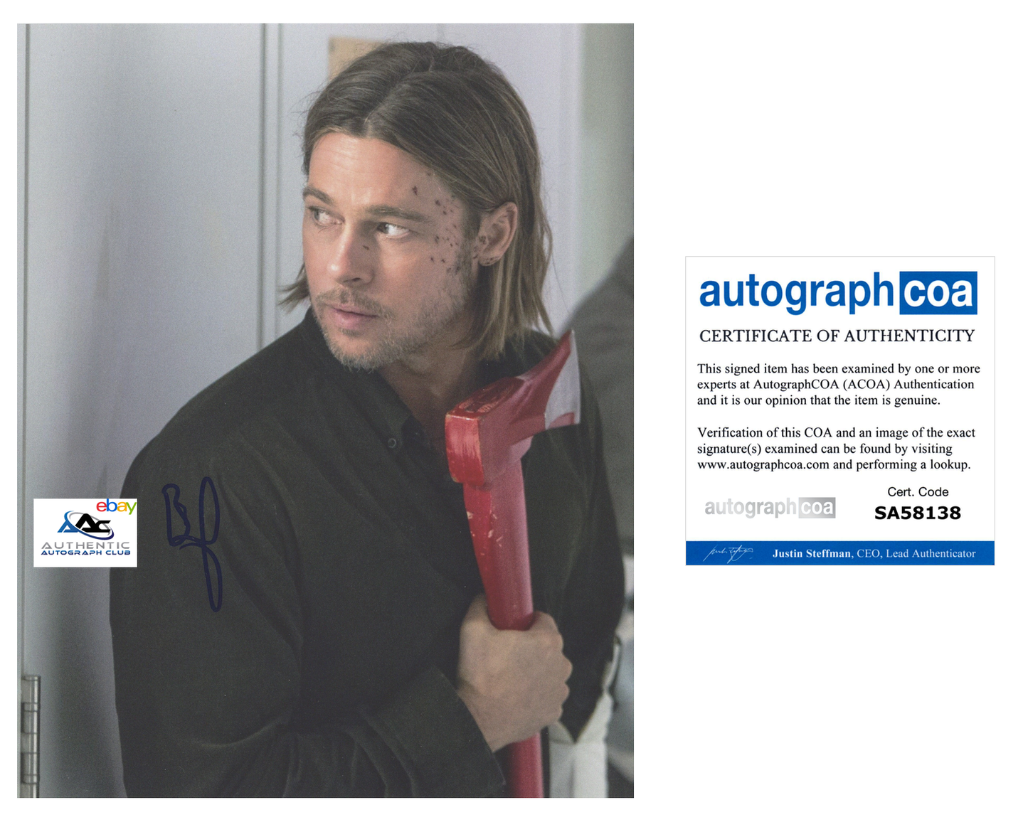 BRAD PITT AUTOGRAPH SIGNED 8x10 PHOTO WORLD WAR Z ACOA