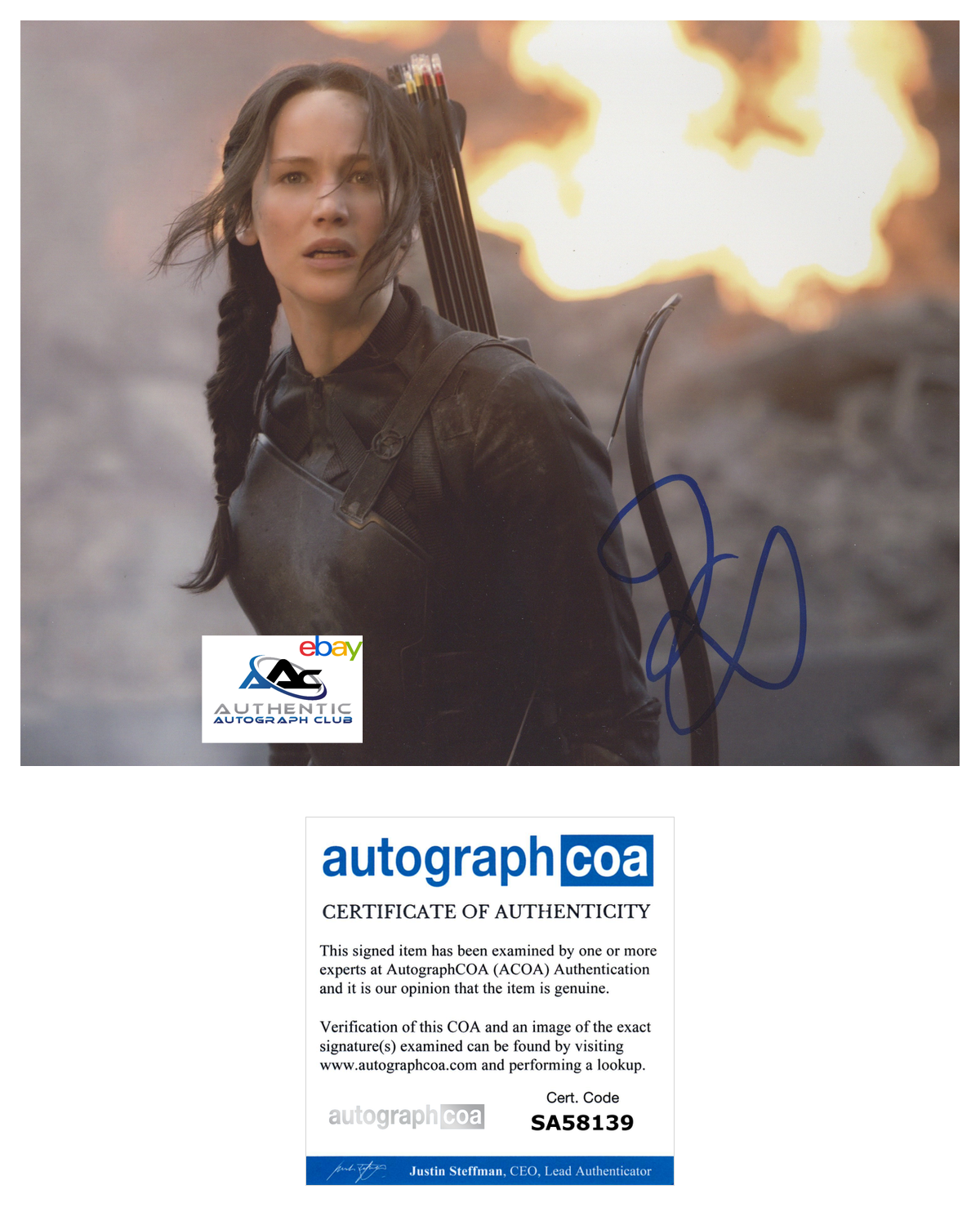 JENNIFER LAWRENCE AUTOGRAPH SIGNED 8x10 PHOTO HUNGER GAMES ACOA