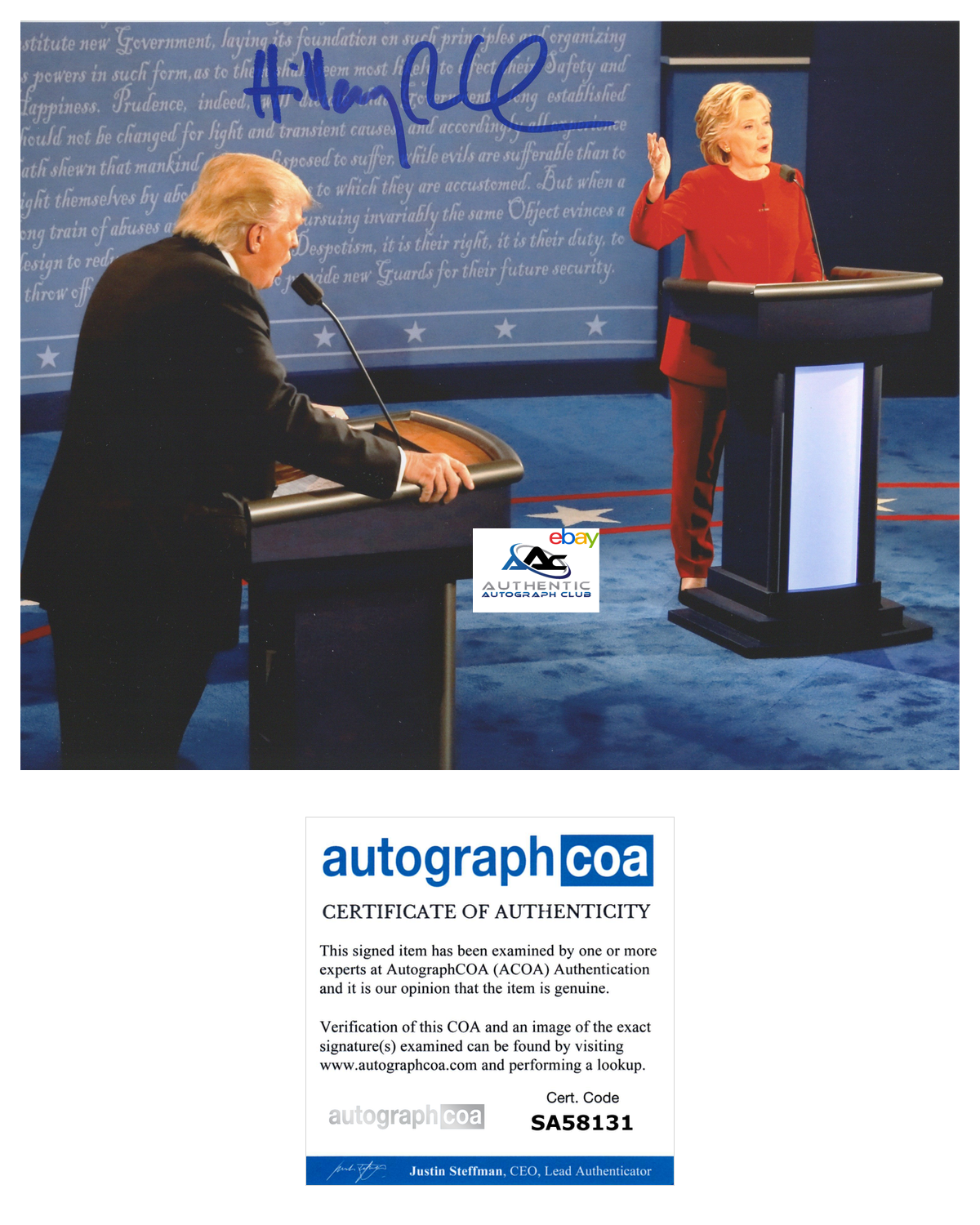 HILLARY CLINTON AUTOGRAPH SIGNED 8x10 PHOTO ACOA