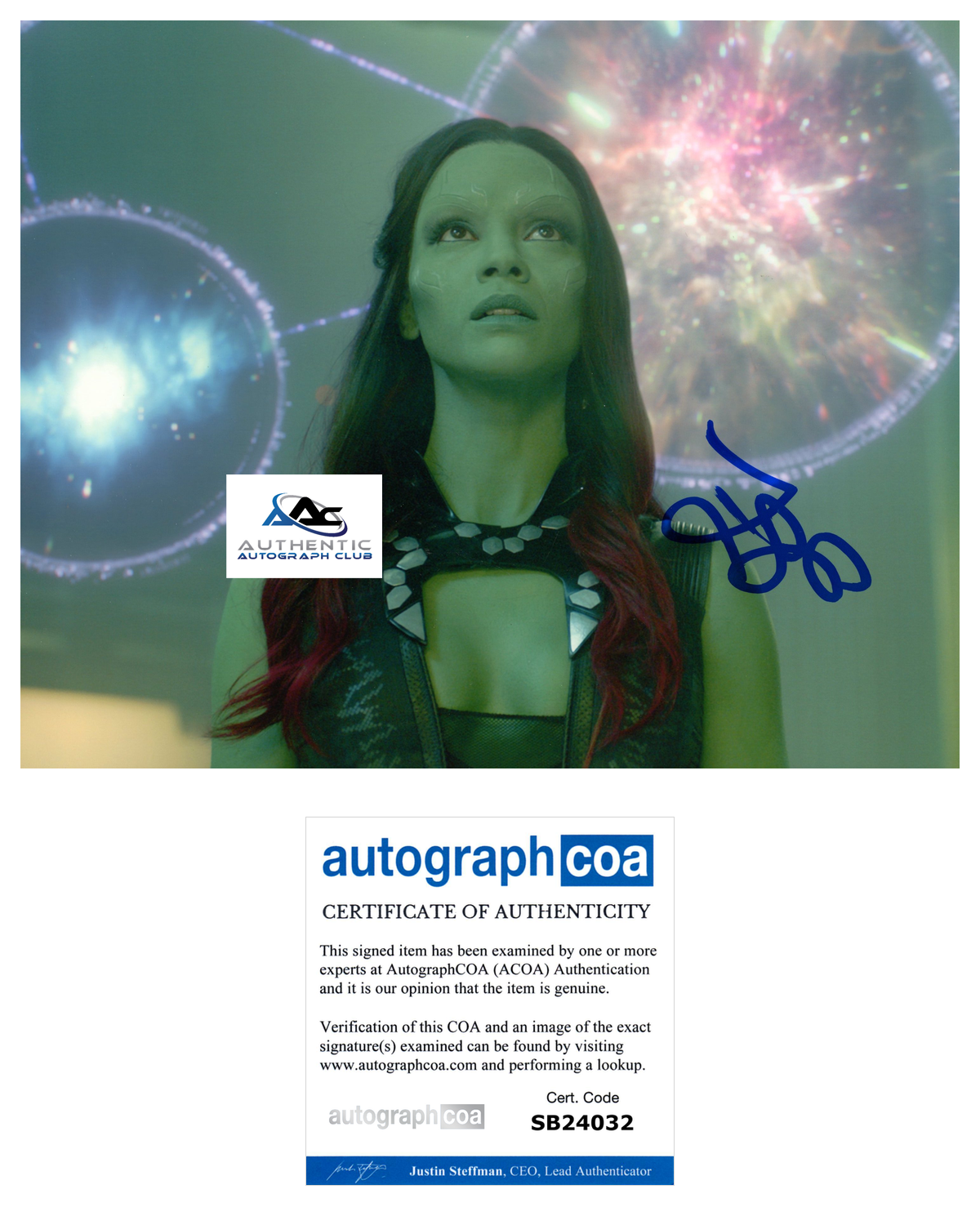 ZOE SALDANA AUTOGRAPH SIGNED 8x10 PHOTO GAMORA GUARDIANS OF THE GALAXY ACOA