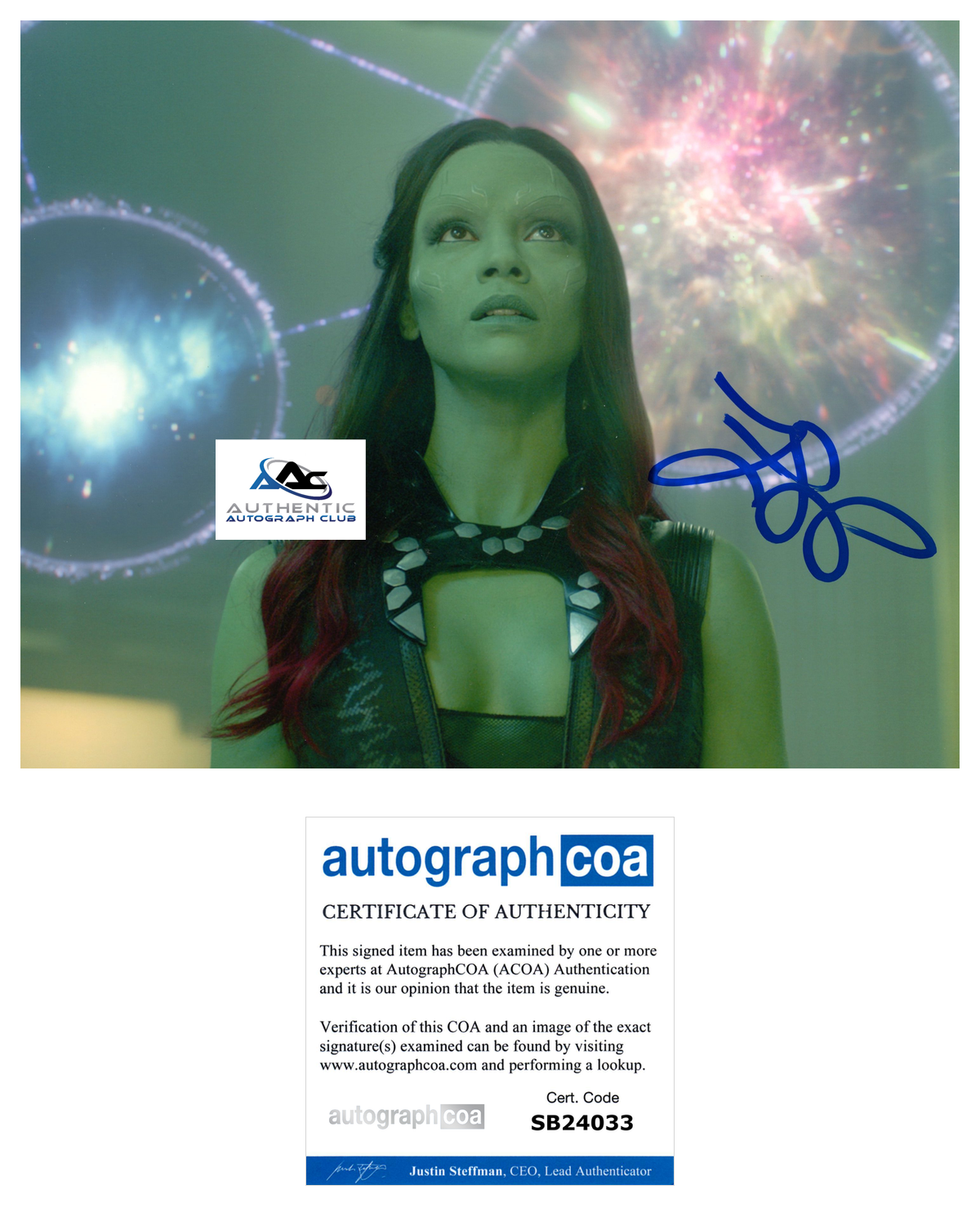 ZOE SALDANA AUTOGRAPH SIGNED 8x10 PHOTO GAMORA GUARDIANS OF THE GALAXY ACOA