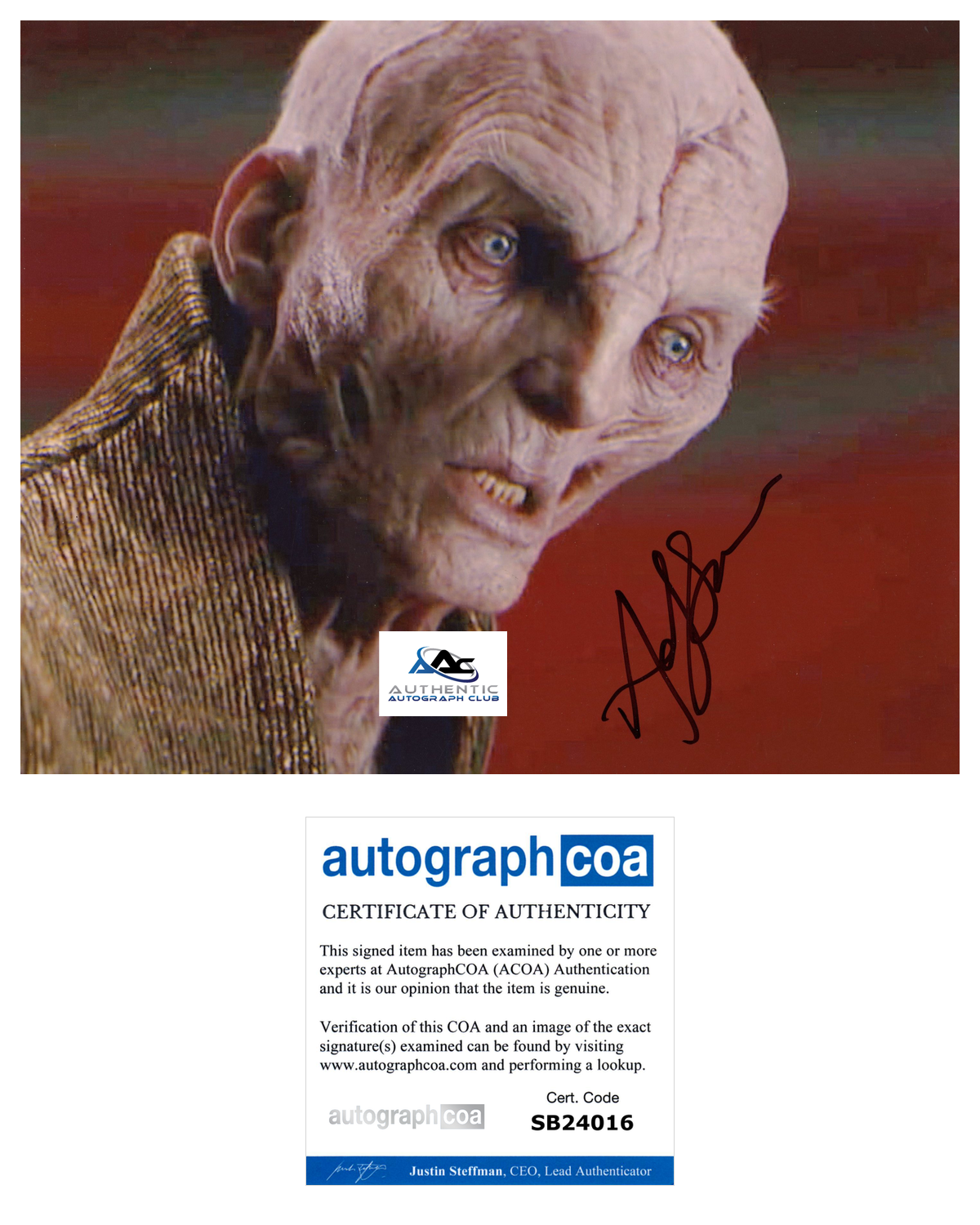 ANDY SERKIS AUTOGRAPH SIGNED 8x10 PHOTO STAR WARS SUPREME LEADER SNOKE ACOA