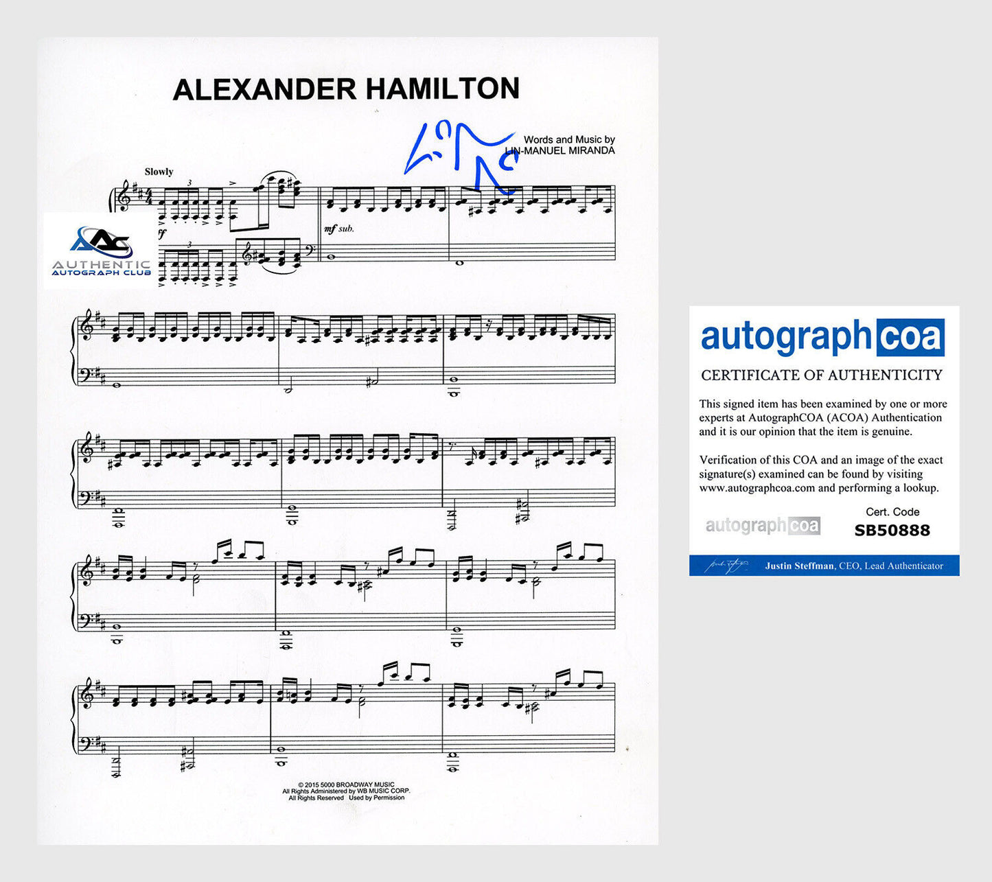 LIN MANUEL MIRANDA AUTOGRAPH SIGNED ALEXANDER HAMILTON SHEET MUSIC ACOA