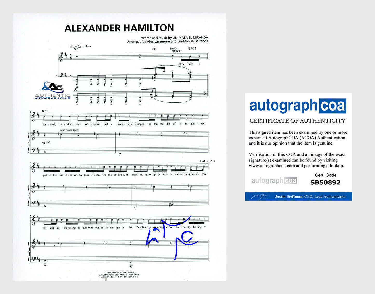 LIN MANUEL MIRANDA AUTOGRAPH SIGNED ALEXANDER HAMILTON SHEET MUSIC ACOA