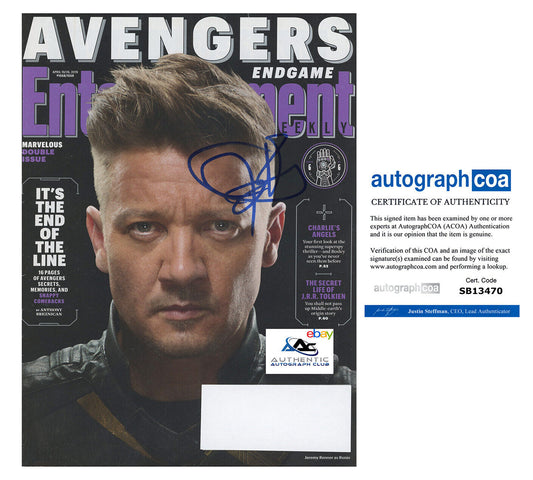 JEREMY RENNER AUTOGRAPH SIGNED  ENTERTAINMENT WEEKLY MAG HAWKEYE MARVEL ACOA