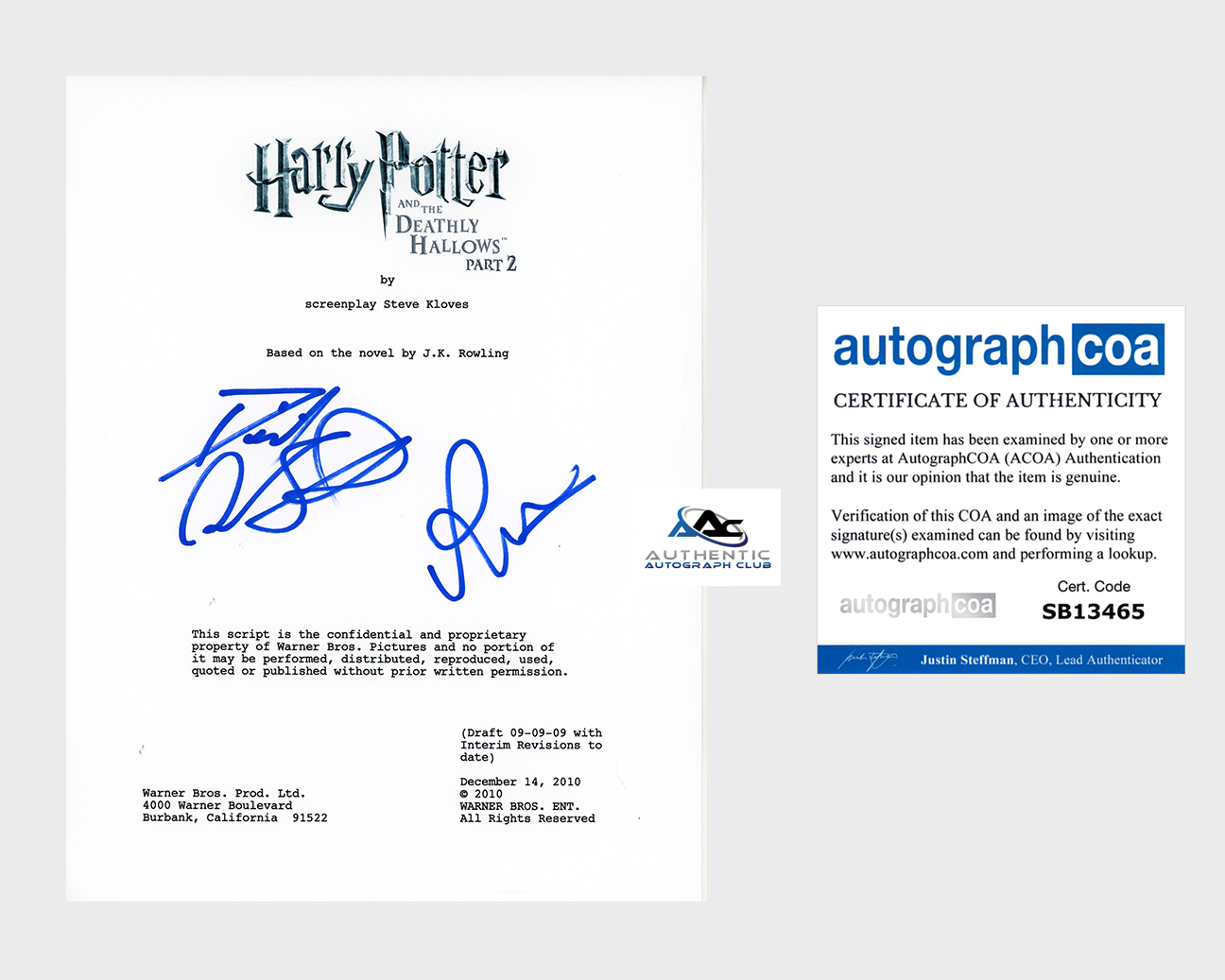 DANIEL RADCLIFFE AND RUPERT GRINT AUTOGRAPH SIGNED HARRY POTTER SCRIPT ACOA