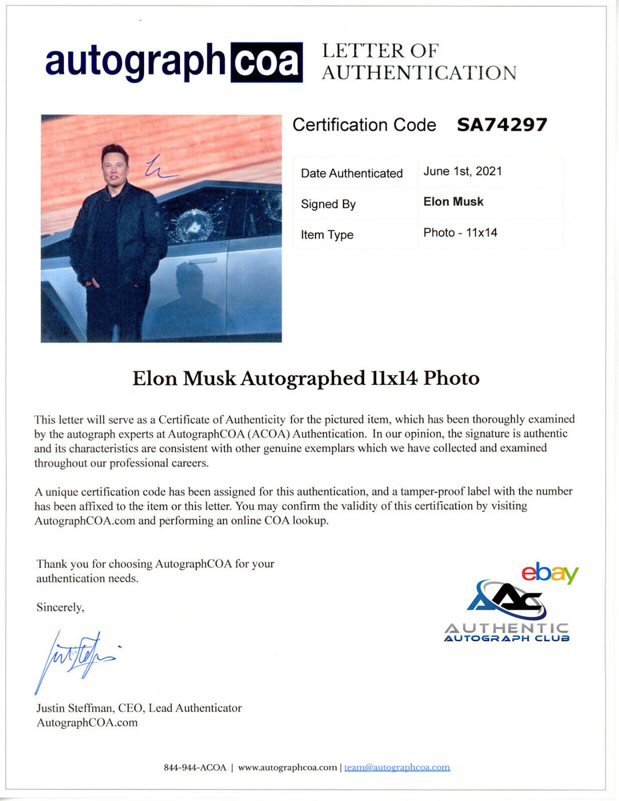 ELON MUSK AUTOGRAPH SIGNED 11x14 PHOTO TESLA SPACEX LOA ACOA