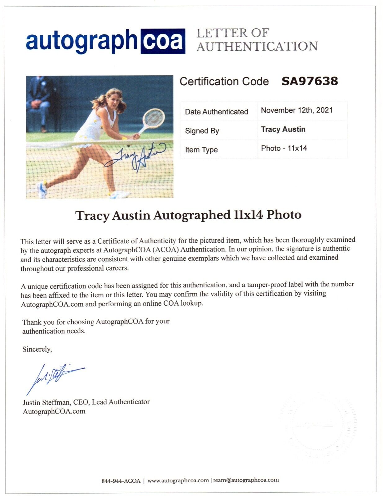 TRACY AUSTIN AUTOGRAPH SIGNED 11x14 PHOTO US OPEN TENNIS WINNER CHAMP LOA ACOA