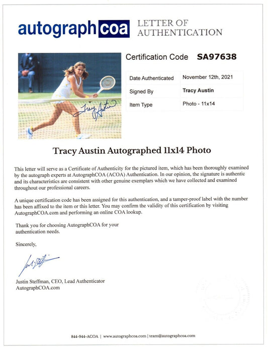 TRACY AUSTIN AUTOGRAPH SIGNED 11x14 PHOTO US OPEN TENNIS WINNER CHAMP LOA ACOA