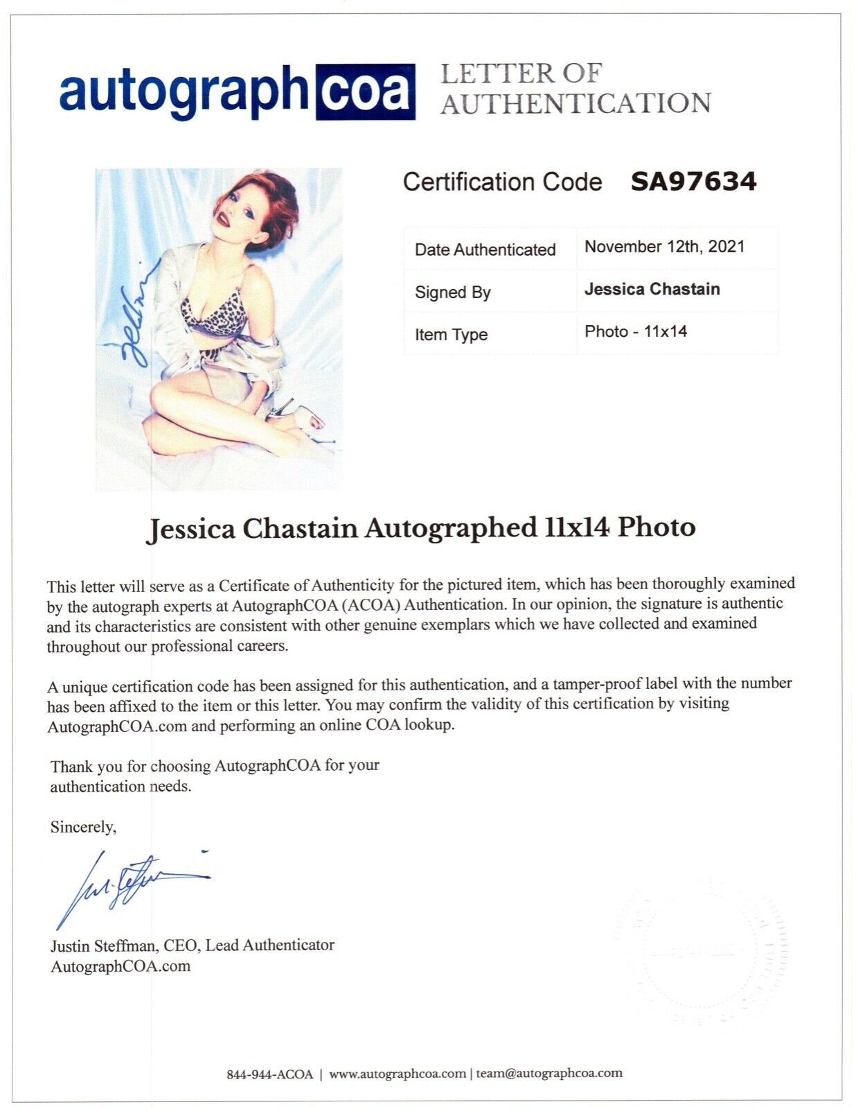 JESSICA CHASTAIN AUTOGRAPH SIGNED 11x14 PHOTO ZERO DARK THIRTY LOA ACOA