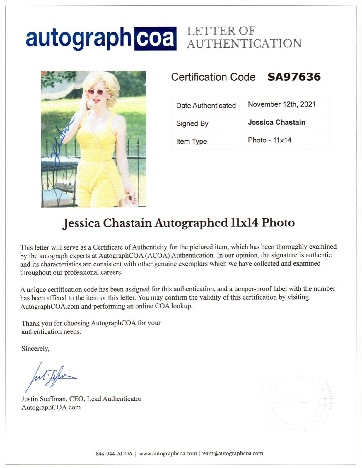 JESSICA CHASTAIN AUTOGRAPH SIGNED 11x14 PHOTO THE HELP LOA ACOA