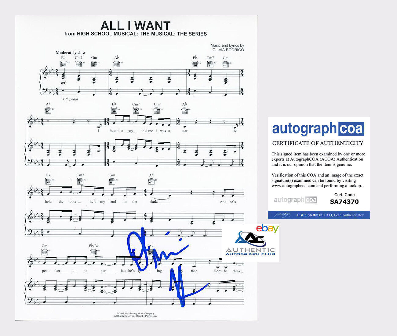 OLIVIA RODRIGO AUTOGRAPH SIGNED ALL I WANT SHEET MUSIC ACOA