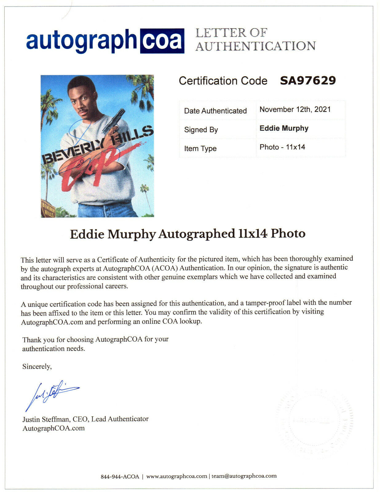 EDDIE MURPHY AUTOGRAPH SIGNED 11x14 PHOTO BEVERLY HILLS COP LOA ACOA