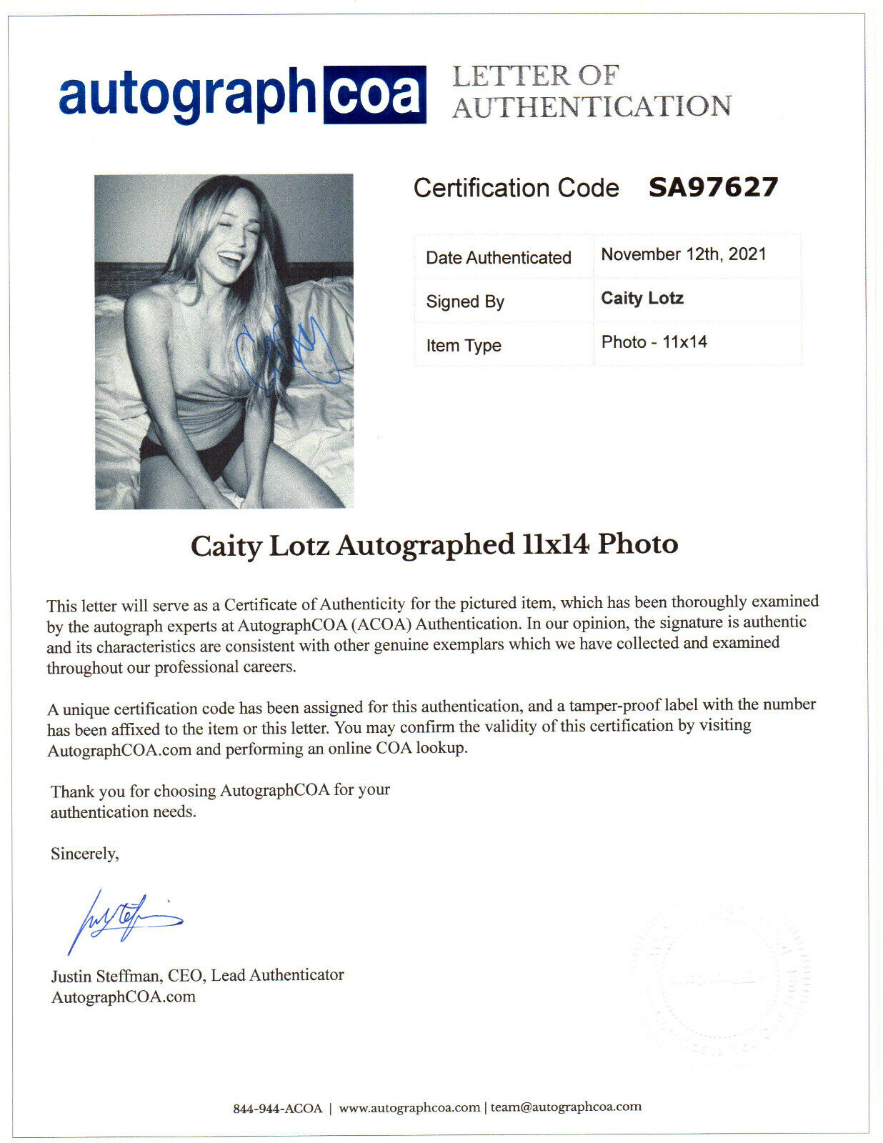 CAITY LOTZ AUTOGRAPH SIGNED 11x14 PHOTO ARROW WHITE CANARY DC LEGENDS LOA ACOA