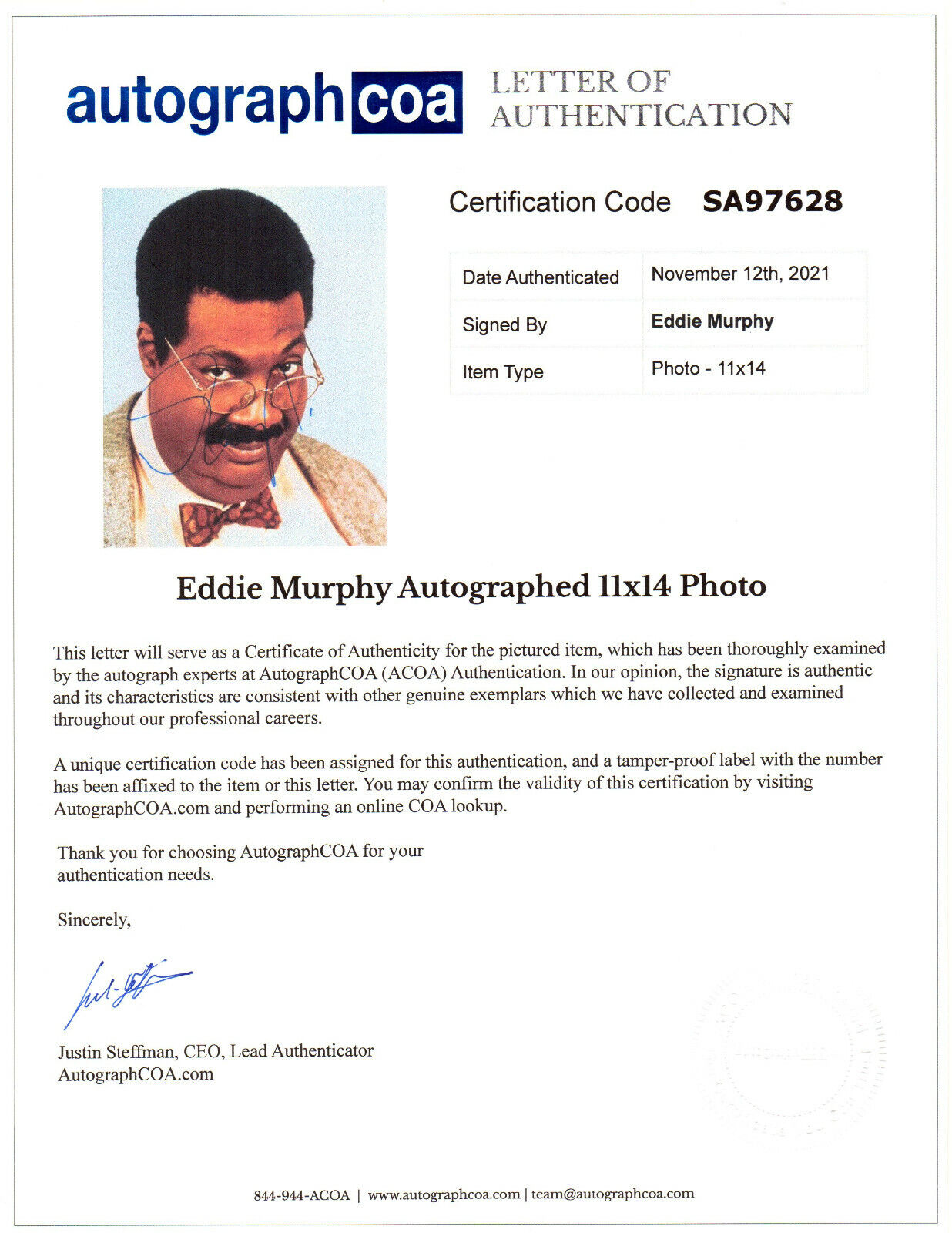 EDDIE MURPHY AUTOGRAPH SIGNED 11x14 PHOTO NUTTY PROFESSOR LOA ACOA