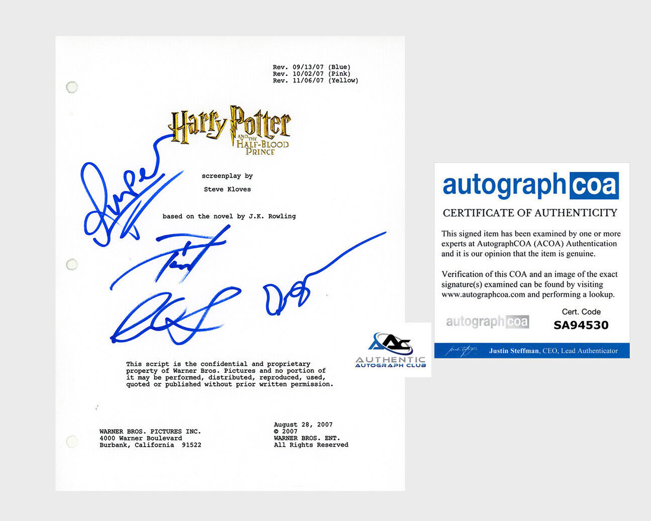 RARE DANIEL RADCLIFFE, RUPERT GRINT AND EMMA WATSON SIGNED HARRY POTTER SCRIPT