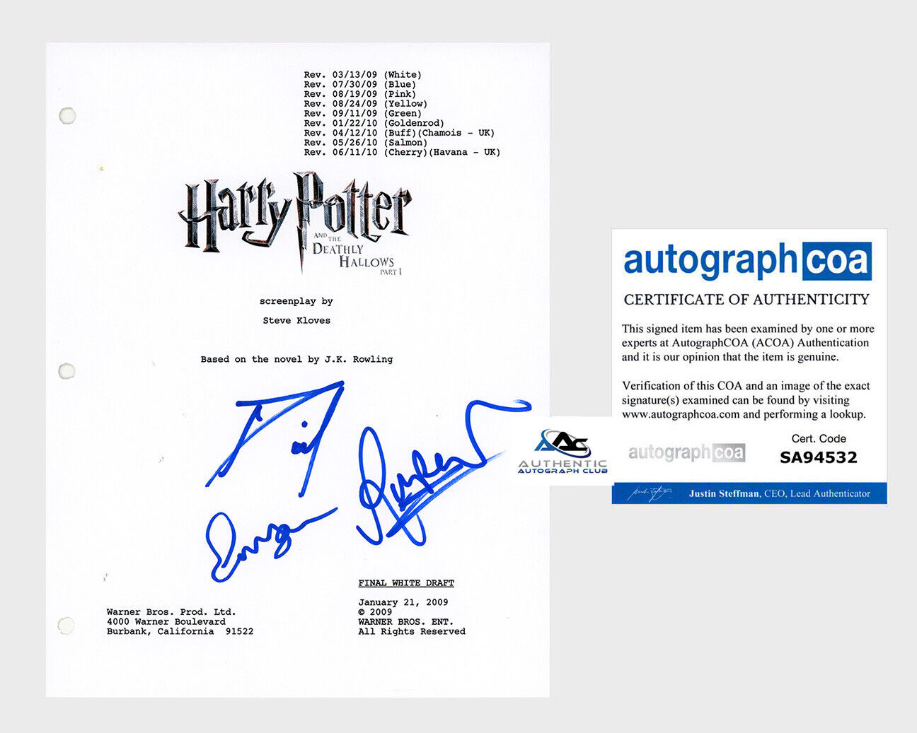 RARE DANIEL RADCLIFFE, EMMA WATSON AND RUPERT GRINT SIGNED HARRY POTTER SCRIPT