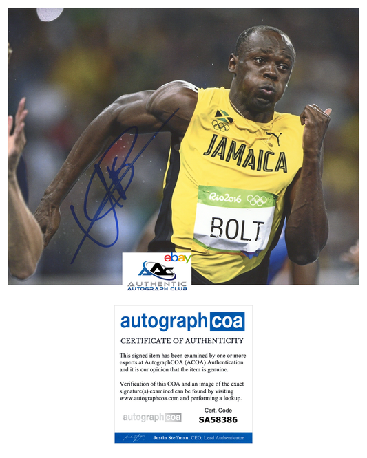 USAIN BOLT AUTOGRAPH SIGNED 8X10 PHOTO OLYMPIC GOLD MEDALIST ACOA