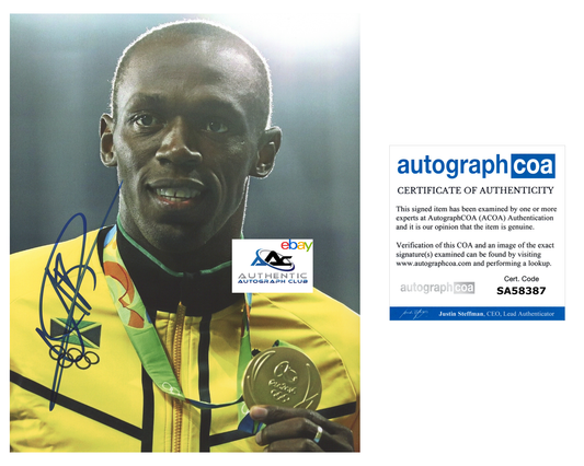 USAIN BOLT AUTOGRAPH SIGNED 8X10 PHOTO OLYMPIC GOLD MEDALIST ACOA