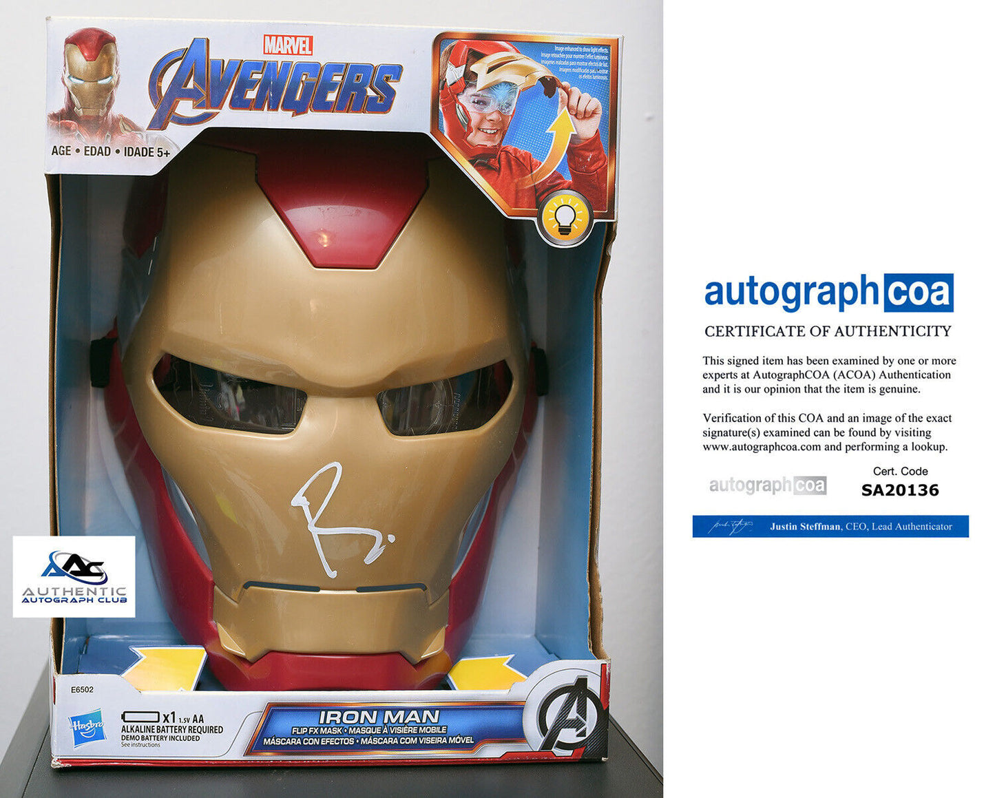 ROBERT DOWNEY JR AUTOGRAPH SIGNED MARVEL AVENGERS IRON MAN LIGHT UP MASK ACOA