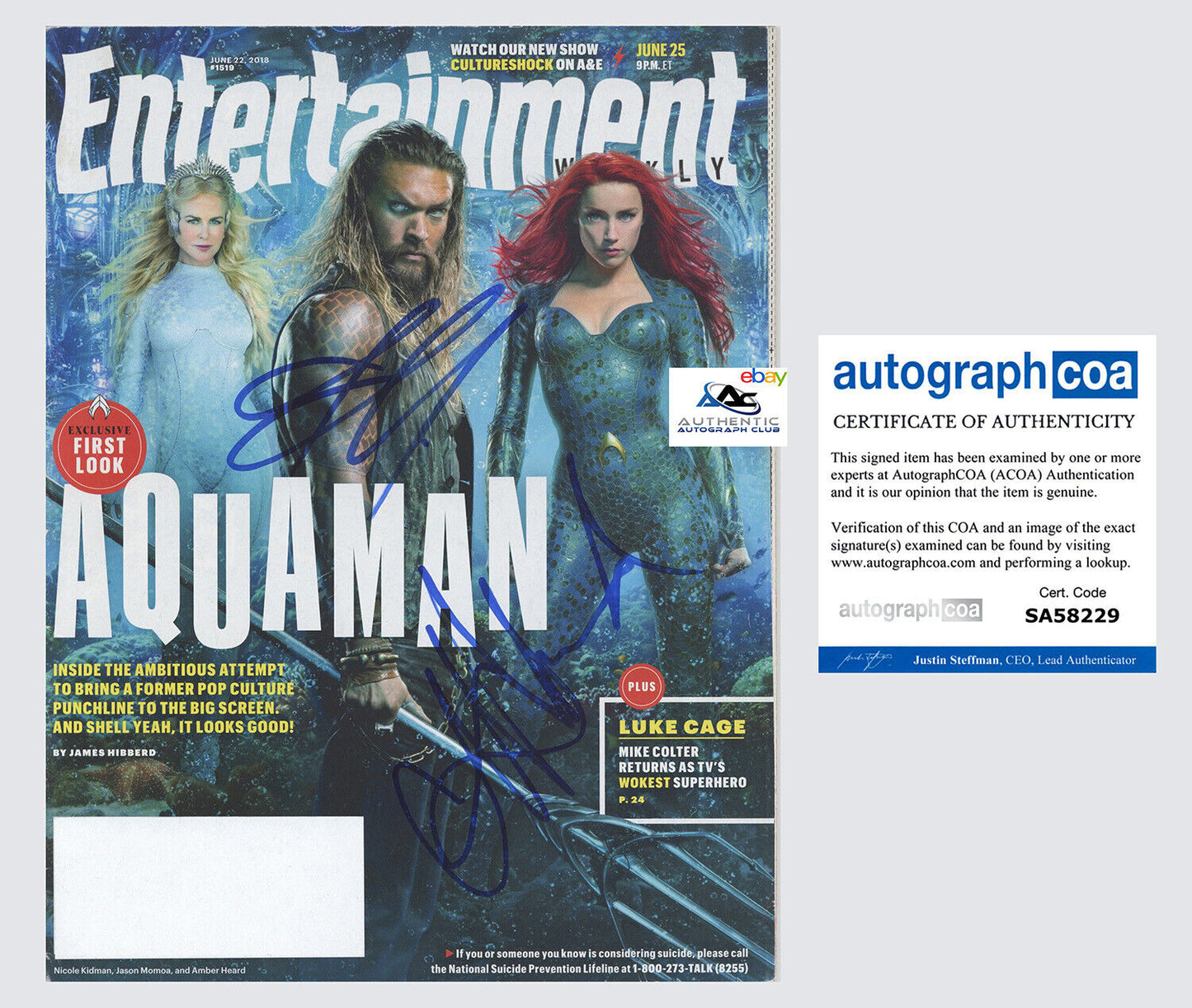 AMBER HEARD AND JASON MOMOA AUTOGRAPH SIGNED AQUAMAN EW MAGAZINE ACOA