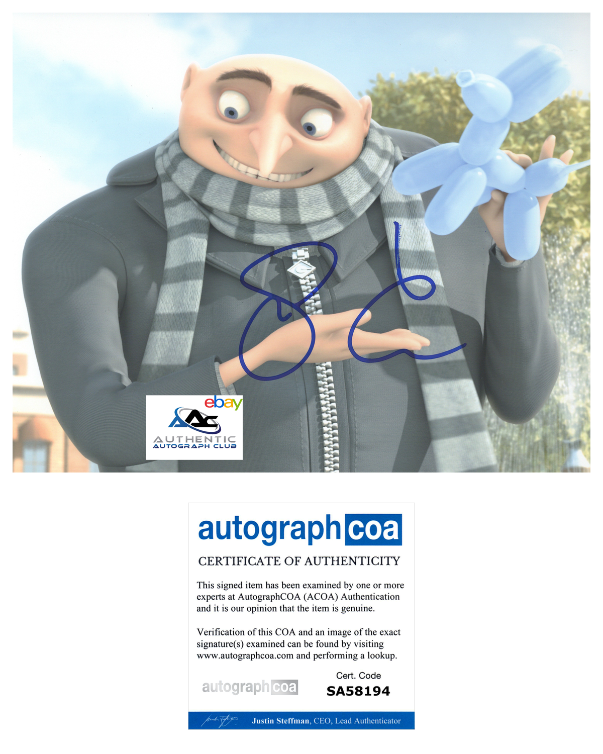 STEVE CARELL AUTOGRAPH SIGNED 8X10 PHOTO DESPICABLE ME ACOA COA