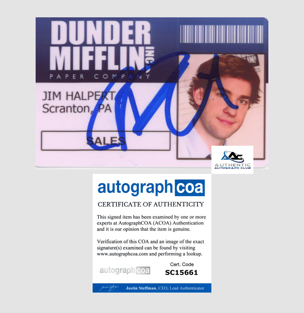 JOHN KRASINSKI AUTOGRAPH SIGNED PLASTIC ID CARD THE OFFICE  JIM HALPERT ACOA