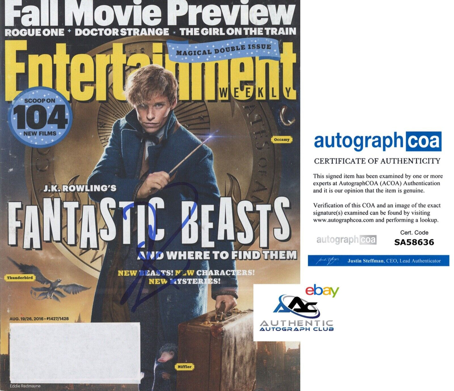 EDDIE REDMAYNE AUTOGRAPH SIGNED ENTERTAINMENT WEEKLY MAGAZINE NEWT ACOA