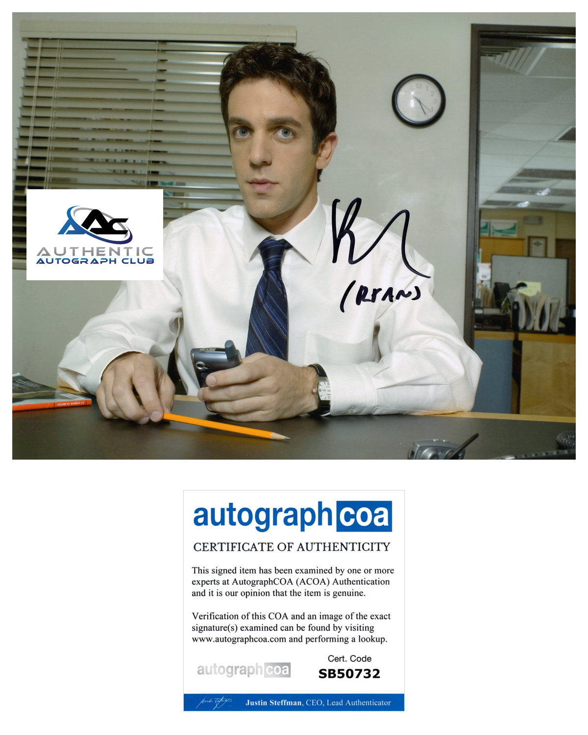 B.J. NOVAK AUTOGRAPH SIGNED 8X10 PHOTO THE OFFICE RYAN HOWARD BJ NOVAK ACOA