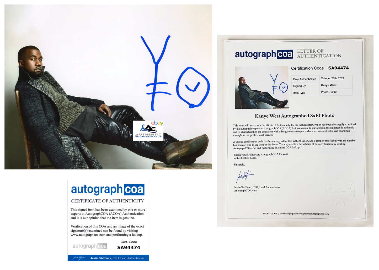 RARE NEW YE GRAPH KANYE WEST AUTOGRAPH SIGNED 8X10 PHOTO ACOA COA LOA