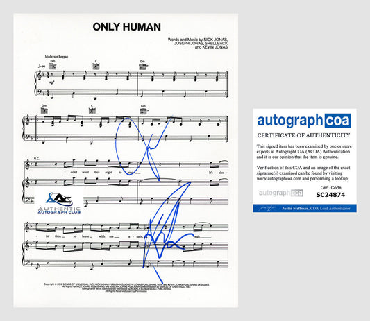 JONAS BROTHERS NICK JONAS JOE JONAS AUTOGRAPH SIGNED ONLY HUMAN SHEET MUSIC ACOA