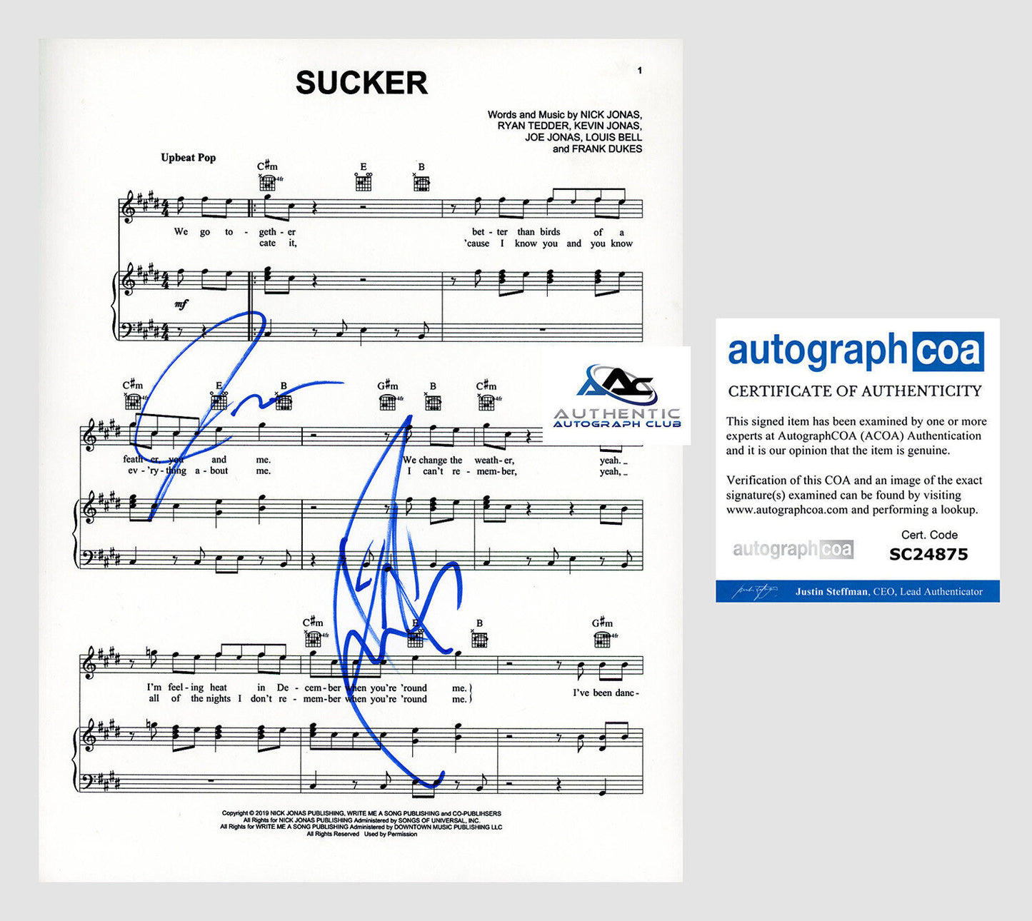 JONAS BROTHERS NICK JONAS JOE JONAS AUTOGRAPH SIGNED SUCKER SHEET MUSIC ACOA